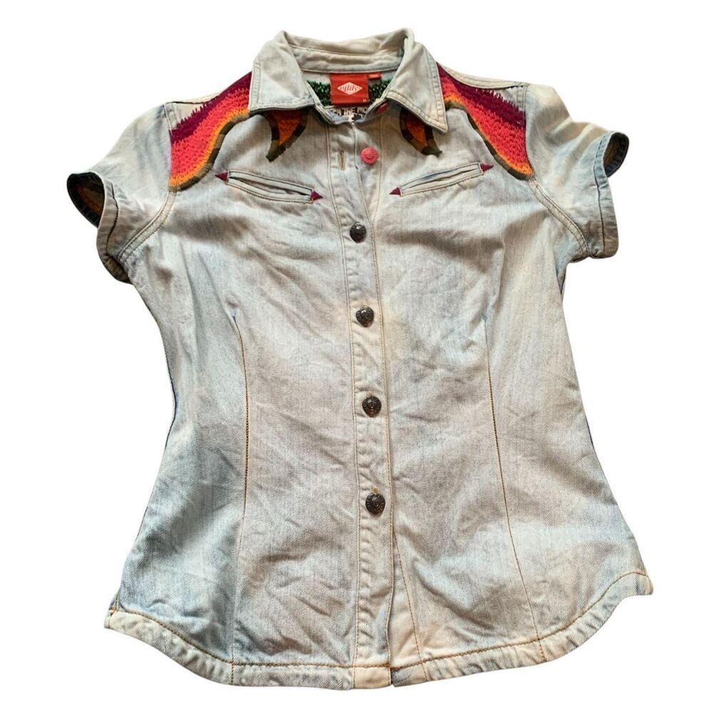 Oilily Summer Festival Balloon Embroidered Denim Vest Shirt Sz 36 S Rare
